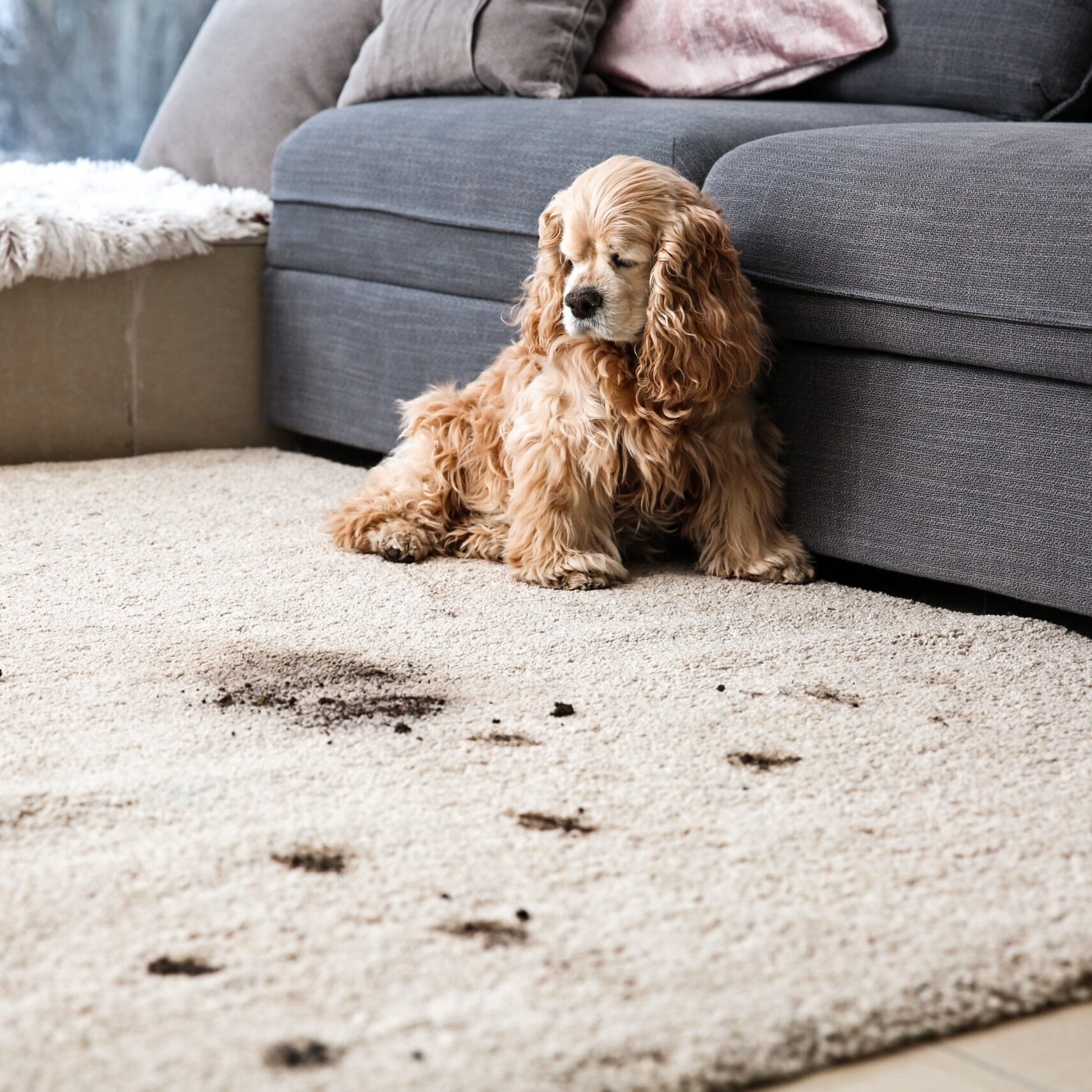 Funny dog and its dirty trails on carpet Funny dog and its dirty trails on carpet
